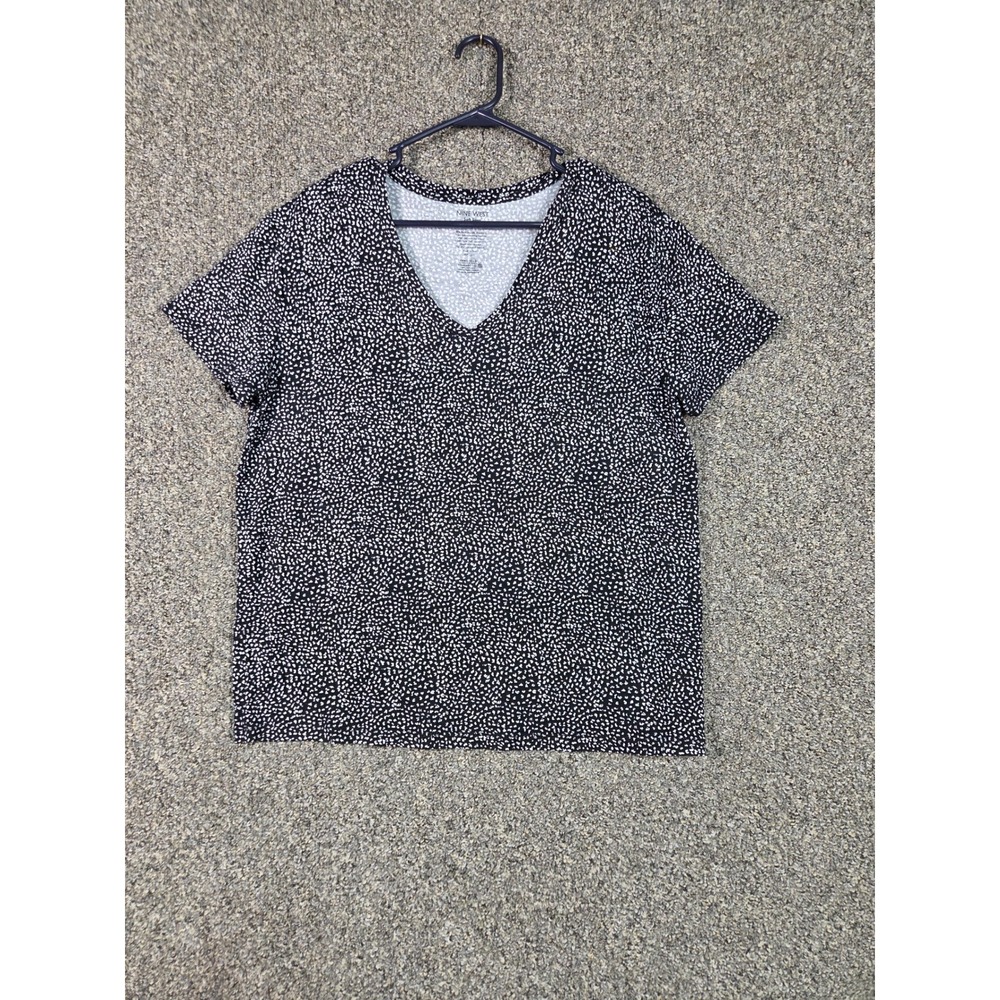 Nine West V-Neck Top Women Large Black White Micro Print Soft Spun Short Sleeve